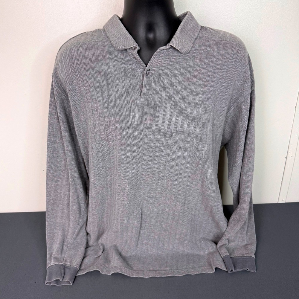 Bugle Boy Polo Shirt Mens XL Grey Exclusive Herringbone Long Sleeve Cotton Knit